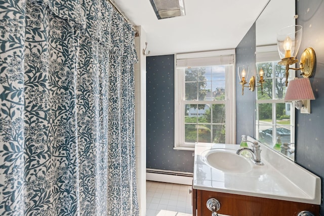 26 Grove St, Bath, ME 04530 - bathroom with a baseboard heating unit, wallpapered walls, vanity, tile patterned floors, and a shower with shower curtain