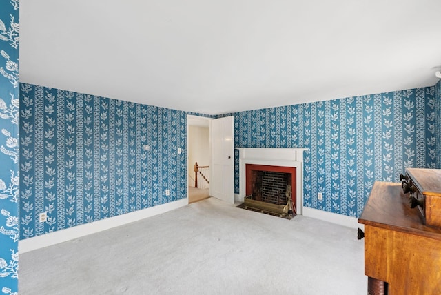 26 Grove St, Bath, ME 04530 - unfurnished living room featuring wallpapered walls, carpet floors, and a fireplace with flush hearth
