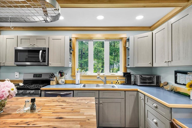 134 Powers Drive Ln, Orland, ME 04472 - kitchen featuring stainless steel appliances, butcher block counters, gray cabinets, and recessed lighting