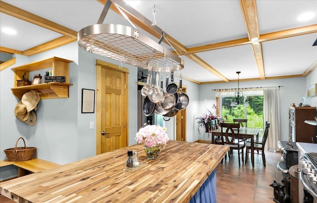 134 Powers Drive Ln, Orland, ME 04472 - dining room with beam ceiling, coffered ceiling, and recessed lighting