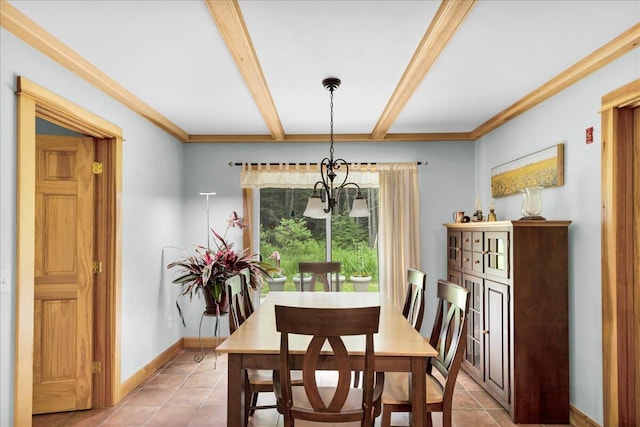 134 Powers Drive Ln, Orland, ME 04472 - dining space featuring light tile patterned floors, beam ceiling, and a chandelier