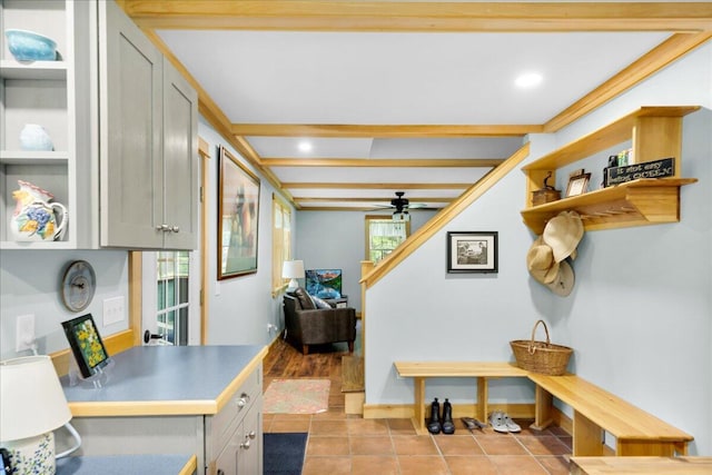 134 Powers Drive Ln, Orland, ME 04472 - kitchen with open shelves, light tile patterned floors, ceiling fan, beam ceiling, and recessed lighting