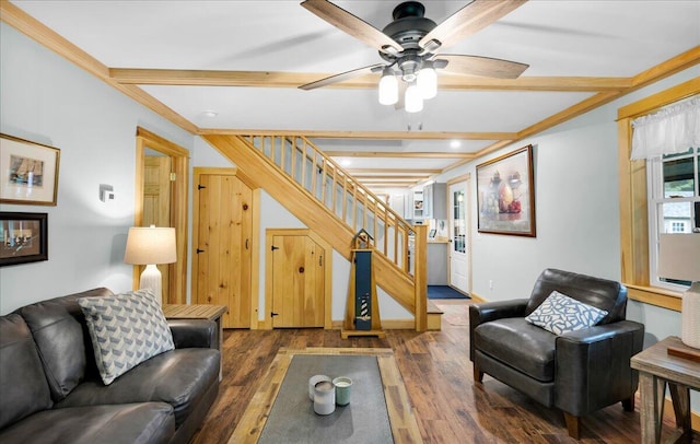 134 Powers Drive Ln, Orland, ME 04472 - living area featuring stairs, wood finished floors, ceiling fan, and beamed ceiling