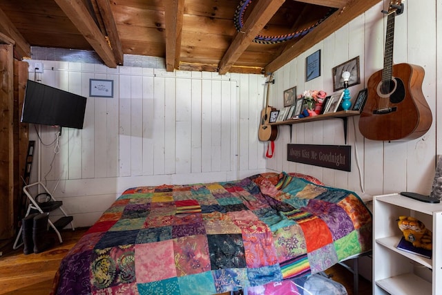 2198 Eight Rod Rd, Sidney, ME 04330 - bedroom featuring wood finished floors, wooden walls, and wooden ceiling