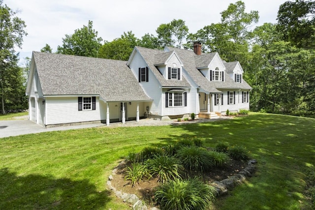 35 Rice Rd, Boothbay, ME 04544 - view of front of house featuring a chimney, a front lawn, roof with shingles, an attached garage, and driveway