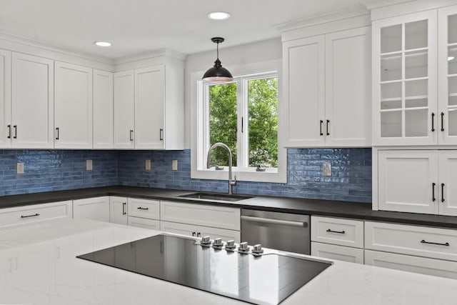 35 Rice Rd, Boothbay, ME 04544 - kitchen featuring black electric cooktop, stainless steel dishwasher, white cabinetry, decorative backsplash, and recessed lighting