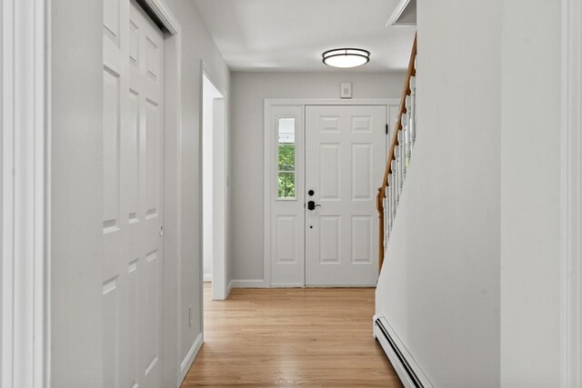 35 Rice Rd, Boothbay, ME 04544 - entryway with light wood-style floors, stairway, and a baseboard heating unit
