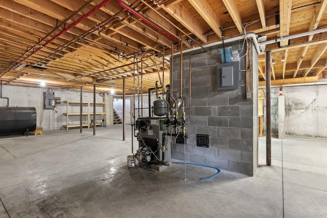 35 Rice Rd, Boothbay, ME 04544 - unfinished below grade area featuring heating fuel, electric panel, stairway, and a heating unit