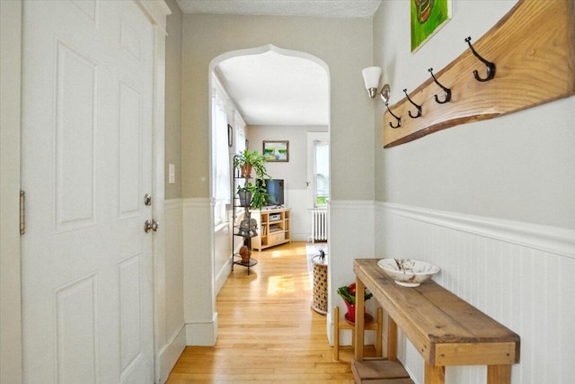 278 S Main St, Auburn, ME 04210 - hall featuring light wood-type flooring, wainscoting, radiator heating unit, and arched walkways