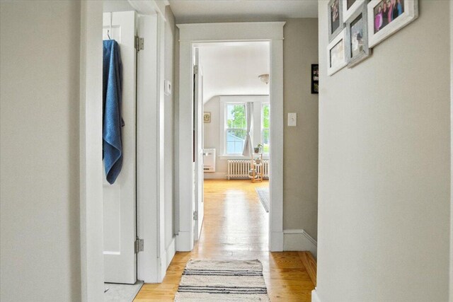 278 S Main St, Auburn, ME 04210 - hallway with radiator and light wood-style floors