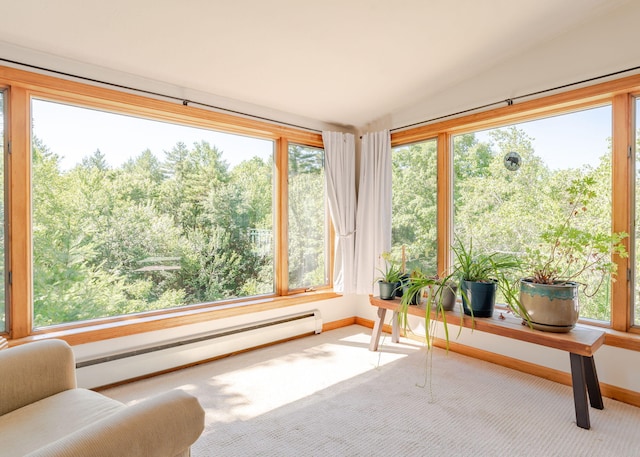 103 Hardscrabble Rd, Hollis, ME 04042 - sunroom / solarium with carpet floors, baseboard heating, vaulted ceiling, and healthy amount of natural light