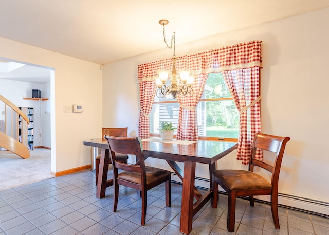 103 Hardscrabble Rd, Hollis, ME 04042 - dining space with a chandelier, stairway, and carpet floors