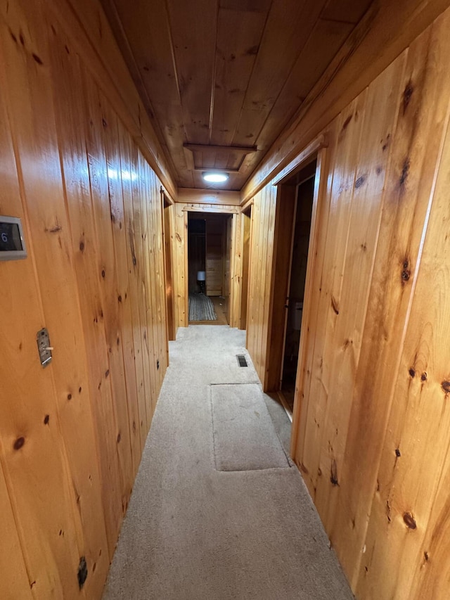 157 Cyr Rd, Cross Lake Twp, ME 04779 - hallway featuring carpet flooring, wooden walls, and wood ceiling