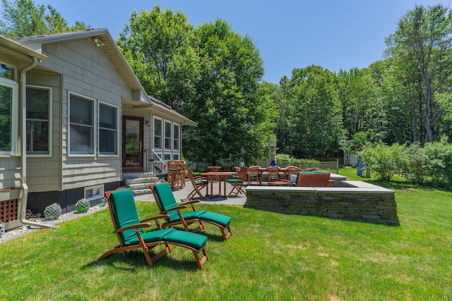 250 Mere Point Rd, Brunswick, ME 04011 - view of green lawn featuring entry steps and a patio area