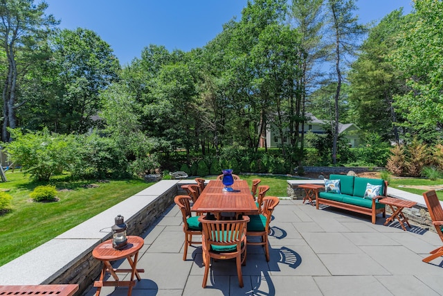 250 Mere Point Rd, Brunswick, ME 04011 - view of patio / terrace with an outdoor living space, outdoor dining space, and view of scattered trees
