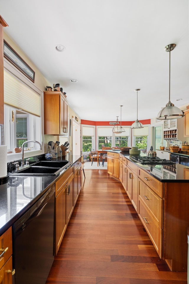 250 Mere Point Rd, Brunswick, ME 04011 - kitchen with dishwasher, gas stovetop, dark wood-style flooring, decorative light fixtures, and recessed lighting