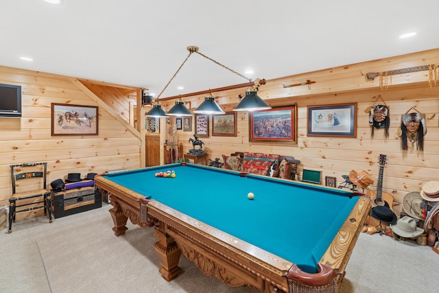 250 Mere Point Rd, Brunswick, ME 04011 - playroom with carpet flooring, wood walls, billiards, and recessed lighting