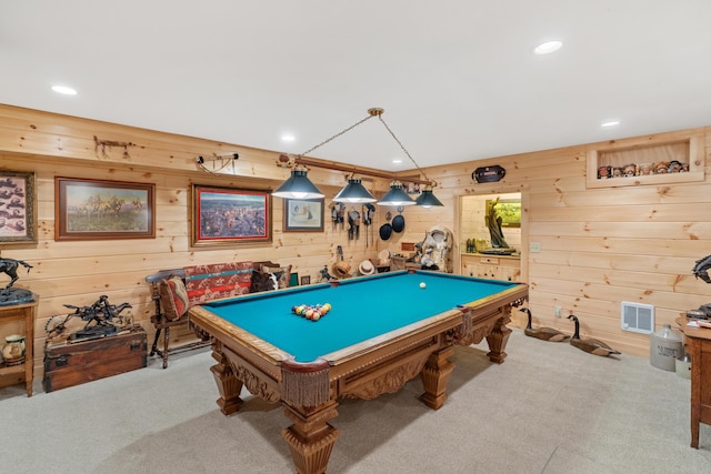 250 Mere Point Rd, Brunswick, ME 04011 - game room with carpet flooring, billiards, wooden walls, and recessed lighting