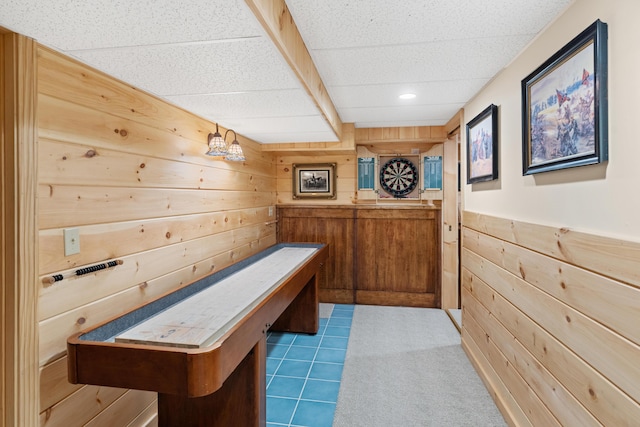 250 Mere Point Rd, Brunswick, ME 04011 - game room featuring wood walls, a wainscoted wall, recessed lighting, and tile patterned floors