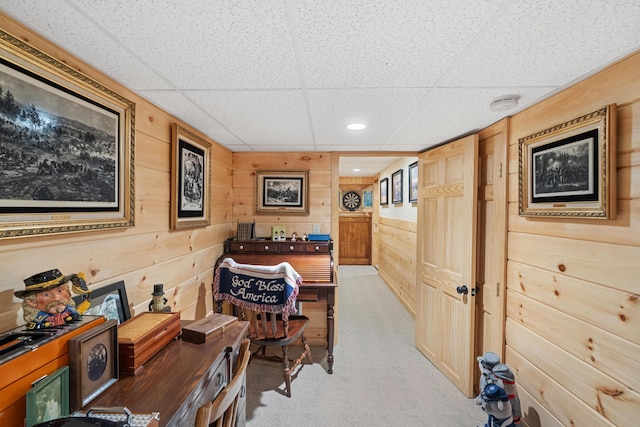 250 Mere Point Rd, Brunswick, ME 04011 - home office featuring a drop ceiling, light colored carpet, wooden walls, and recessed lighting