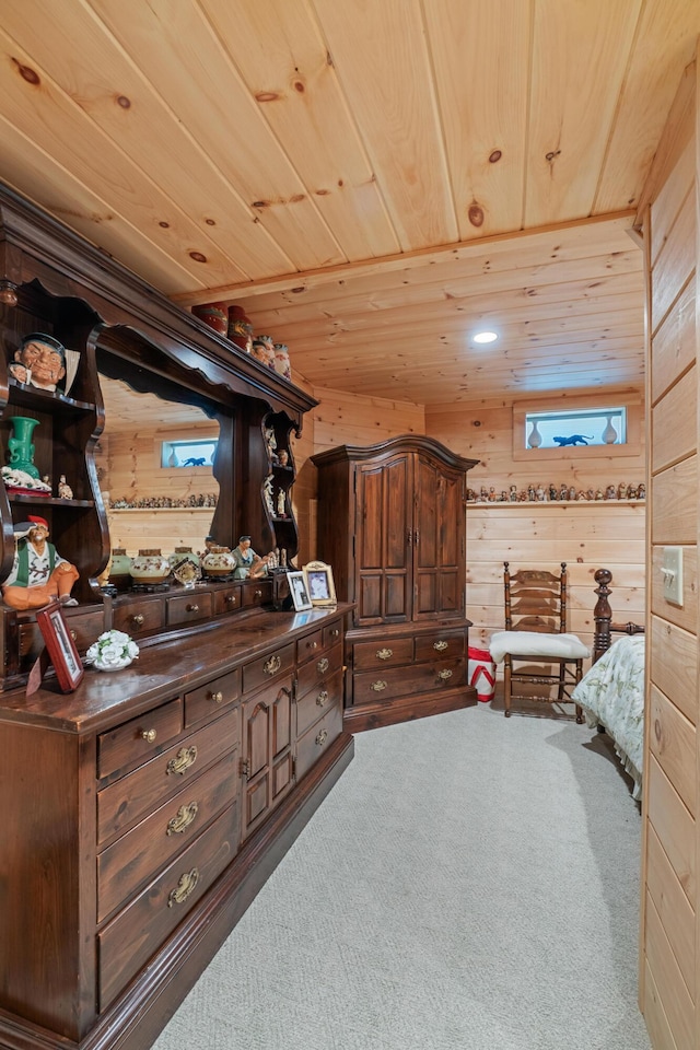 250 Mere Point Rd, Brunswick, ME 04011 - bedroom with carpet flooring, wood ceiling, and wooden walls