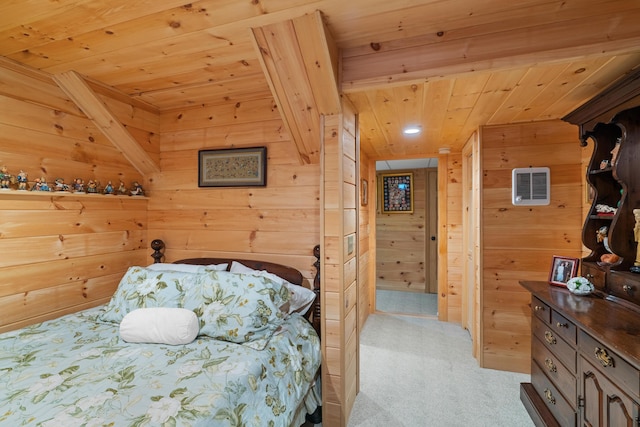 250 Mere Point Rd, Brunswick, ME 04011 - bedroom featuring wooden ceiling, light colored carpet, and wooden walls
