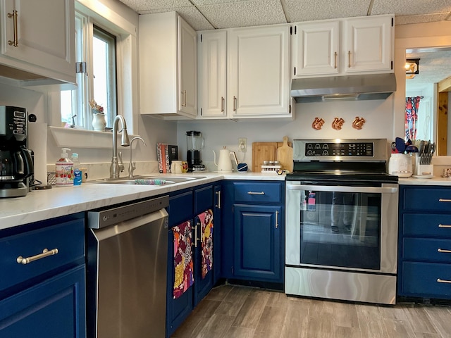 10 Aegis Dr Unit B, Bath, ME 04530 - kitchen with stainless steel appliances, blue cabinetry, under cabinet range hood, light countertops, and white cabinets
