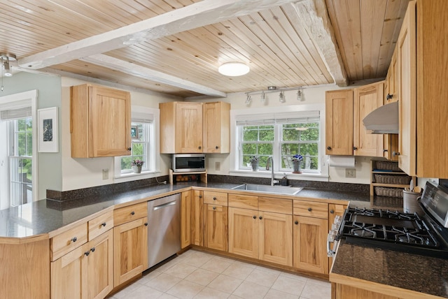 3729 Union St, Levant, ME 04456 - kitchen with a wooden ceiling with exposed beams, stainless steel appliances, a peninsula, dark countertops, and light tile patterned floors
