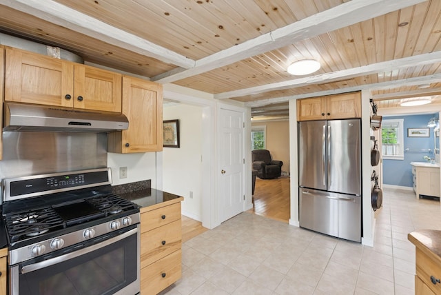 3729 Union St, Levant, ME 04456 - kitchen featuring appliances with stainless steel finishes, light tile patterned floors, under cabinet range hood, a wood ceiling with exposed beams, and dark countertops