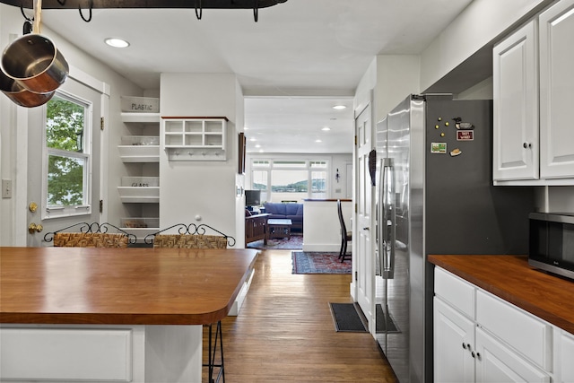 28 Will Alley Rd, South Bristol, ME 04568 - kitchen featuring wood counters, stainless steel appliances, dark wood finished floors, plenty of natural light, and recessed lighting