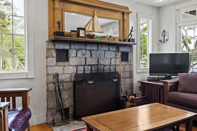 28 Will Alley Rd, South Bristol, ME 04568 - living room featuring a stone fireplace and wood finished floors