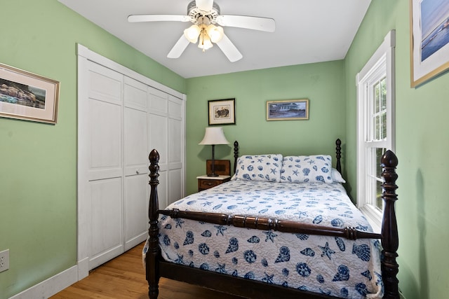 28 Will Alley Rd, South Bristol, ME 04568 - bedroom with wood finished floors, a closet, and a ceiling fan