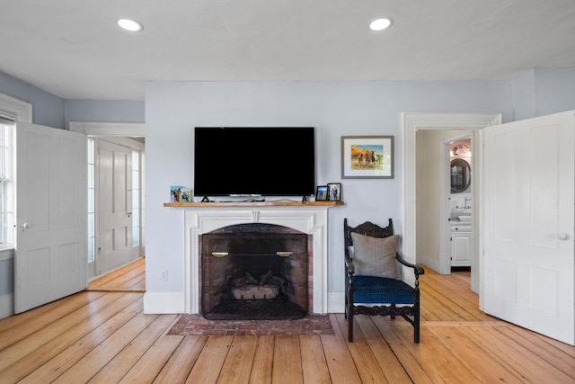 253 Quaker Meeting House Rd, Durham, ME 04222 - living area with a fireplace, light wood-style flooring, and recessed lighting