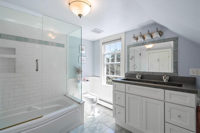 253 Quaker Meeting House Rd, Durham, ME 04222 - full bath featuring vanity, a baseboard heating unit, bath / shower combo with glass door, and lofted ceiling