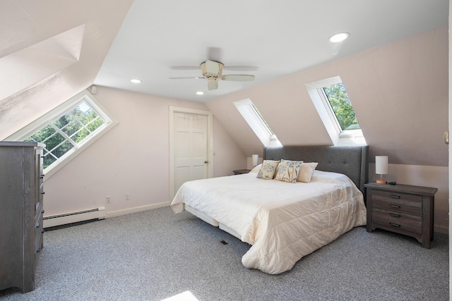 253 Quaker Meeting House Rd, Durham, ME 04222 - bedroom with baseboard heating, a skylight, carpet floors, lofted ceiling, and recessed lighting