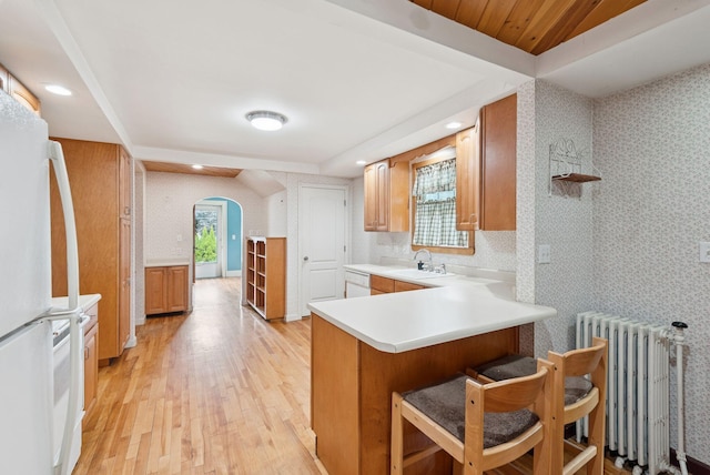 15 Huston Ave, Auburn, ME 04210 - kitchen featuring radiator, white appliances, arched walkways, a peninsula, and light wood-style floors