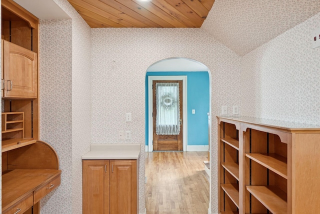 15 Huston Ave, Auburn, ME 04210 - interior space featuring wallpapered walls, light wood-style flooring, lofted ceiling, and wooden ceiling
