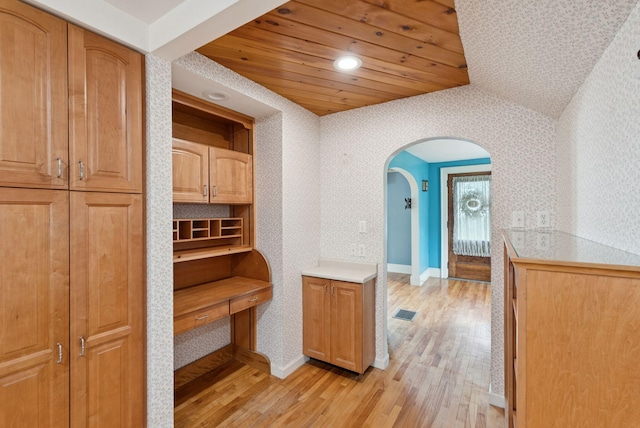 15 Huston Ave, Auburn, ME 04210 - hallway featuring wallpapered walls, light wood-style flooring, arched walkways, wood ceiling, and recessed lighting