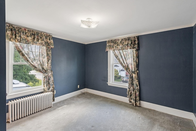 15 Huston Ave, Auburn, ME 04210 - empty room featuring radiator, plenty of natural light, carpet flooring, and crown molding