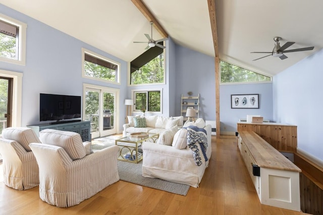 127 Appalachee Rd, Boothbay Harbor, ME 04538 - living room with a ceiling fan, high vaulted ceiling, beamed ceiling, and light wood-style floors