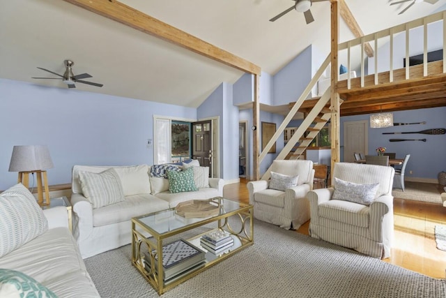 127 Appalachee Rd, Boothbay Harbor, ME 04538 - living area featuring ceiling fan, stairs, wood finished floors, high vaulted ceiling, and beam ceiling
