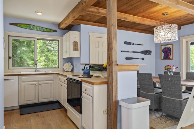 127 Appalachee Rd, Boothbay Harbor, ME 04538 - kitchen with electric range, dishwasher, light wood-style flooring, a wood ceiling with exposed beams, and white cabinetry