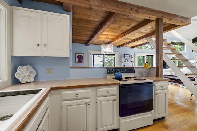 127 Appalachee Rd, Boothbay Harbor, ME 04538 - kitchen with white electric range oven, a wood ceiling with exposed beams, white cabinets, light countertops, and light wood-type flooring