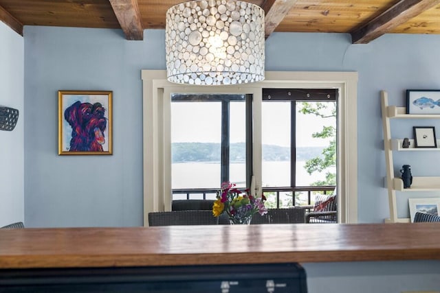 127 Appalachee Rd, Boothbay Harbor, ME 04538 - dining area featuring a wood ceiling with exposed beams