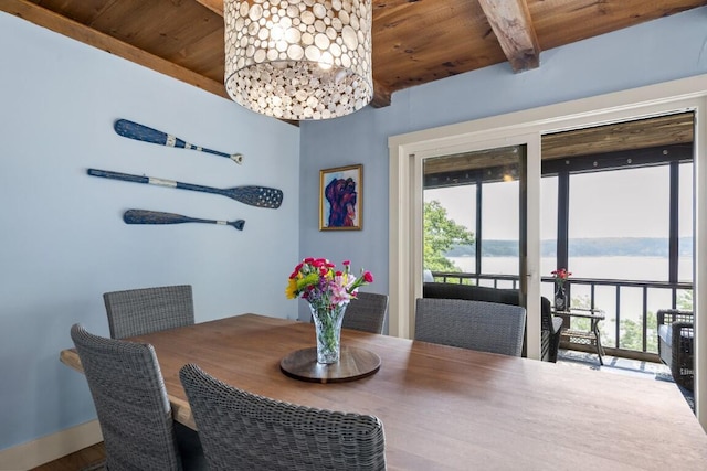 127 Appalachee Rd, Boothbay Harbor, ME 04538 - dining room featuring a wooden ceiling with exposed beams, plenty of natural light, and a water view