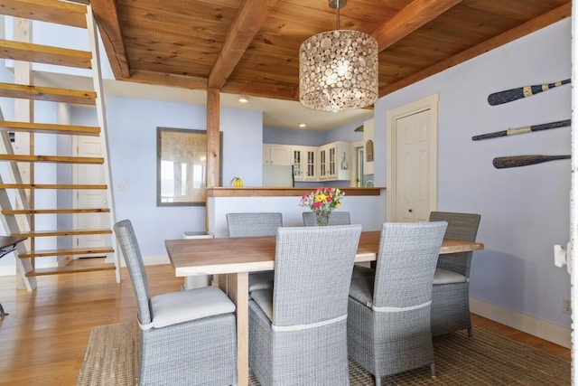 127 Appalachee Rd, Boothbay Harbor, ME 04538 - dining room featuring wooden ceiling, wood finished floors, stairs, and recessed lighting