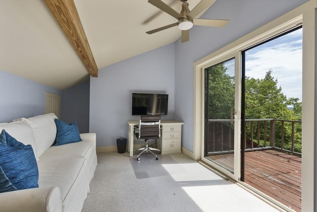 127 Appalachee Rd, Boothbay Harbor, ME 04538 - carpeted home office featuring vaulted ceiling and a ceiling fan