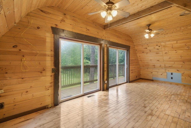 36 Palmer Rd, Etna, ME 04434 - empty room with wooden walls, ceiling fan, wooden ceiling, and light wood-style flooring