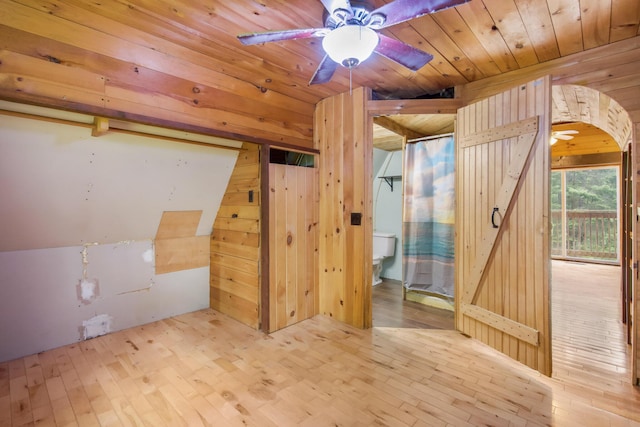 36 Palmer Rd, Etna, ME 04434 - unfurnished room featuring a ceiling fan, hardwood / wood-style flooring, wood walls, and wood ceiling
