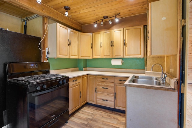 36 Palmer Rd, Etna, ME 04434 - kitchen featuring black range with gas cooktop, light wood-style floors, light brown cabinetry, rail lighting, and wooden ceiling